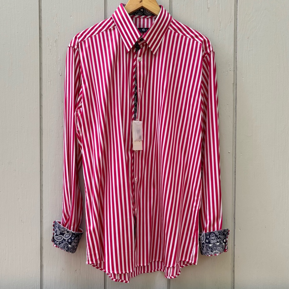 STONE ROSE—Long-Sleeve Red & White Striped Shirt—Men’s L—16.5 x 36.5—Cotton—NWT